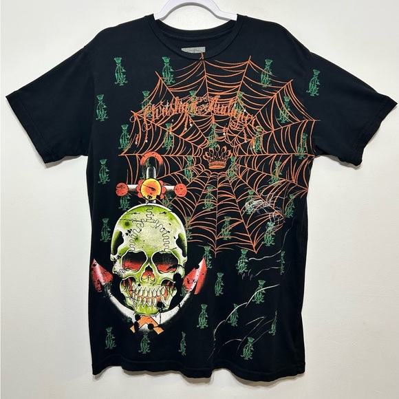 Christian Audigier Los Angeles Spiderweb Skulls Swords Wings Jeweled T Shirt - Picture 10 of 12